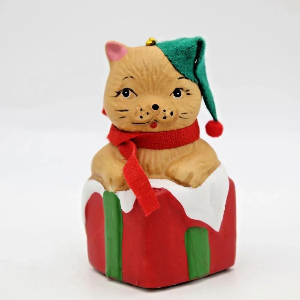 Holly Bells Porcelain Kitty Cat Bell Ornament Vintage 1986 Original Box a